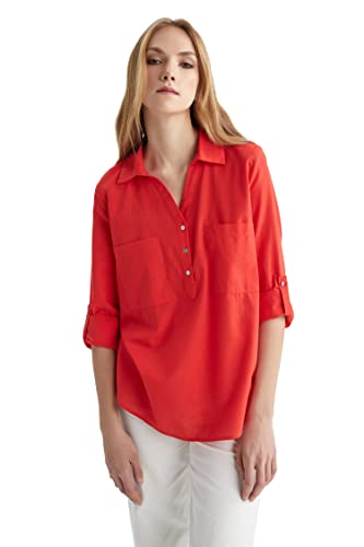 DeFacto Koszula damska z tkaniny bawełnianej z długimi rękawami, czerwony, XL