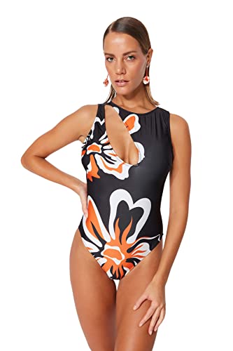 Trendyol Damski strój kąpielowy z dzianiny kwiatowej, Czarny, 40