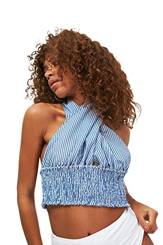 TRENDYOL Damska bluza w kratkę, z kamieniami szlachetnymi w paski, niebieski, 34