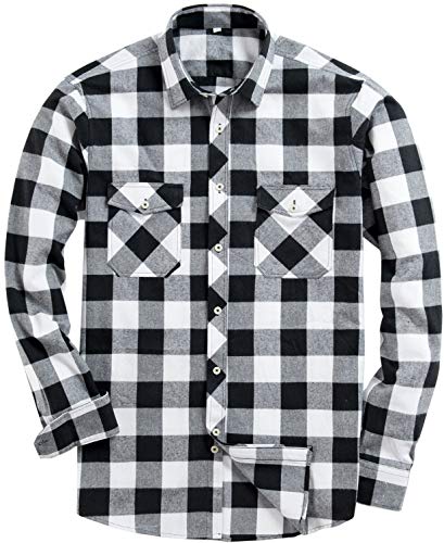 siliteelon Koszula flanelowa męska bawełniana koszula w kratkę Męska koszula z długim rękawem Regular Fit Casual Plaid Shirt, Czarny - biały, XL