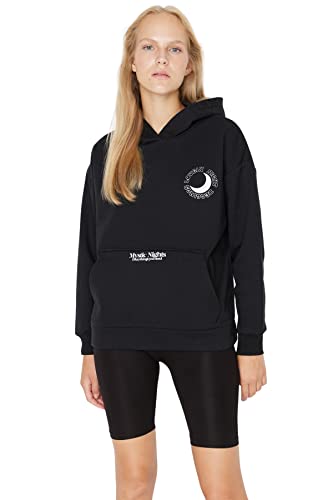 Trendyol Damska bluza z kapturem i napisem, Czarny, S