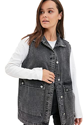 Trendyol Damska koszula kołnierz kieszeń szczegółowa 100% bawełna denim kamizelka kurtka, Antracyt, 62