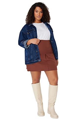 Trendyol Damska spódnica plisowana w rozmiarze plus size, mini trapezowa, tkana spódnica w rozmiarze plus, brązowa, 50, Brązowy, 48
