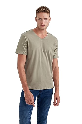 DeFacto Męski Basic Slim Fit T-shirt męski z dekoltem w serek – klasyczny T-shirt dla mężczyzn, khaki (Dark Khaki), XS