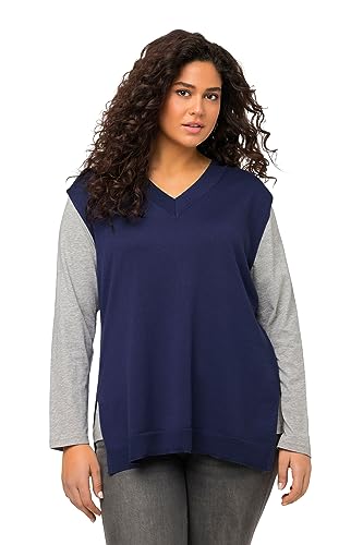 Ulla Popken Damski sweter, głęboki dekolt w serek, rozcięcia po bokach, sweter bez rękawów, średni niebieski, 42/44