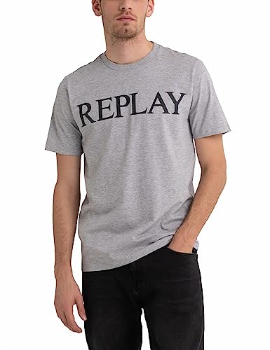 Replay T-shirt męski z krótkim rękawem z nadrukiem logo, M08 jasnoszary melanż, L