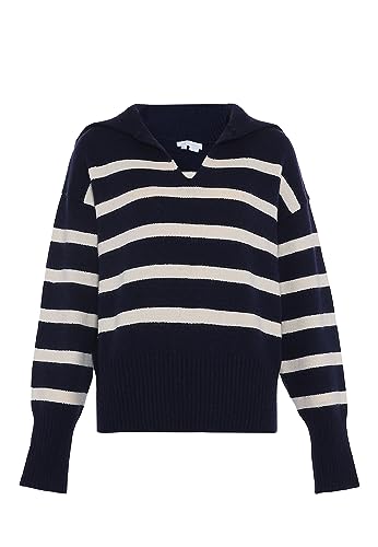 Blonda Damski sweter w paski z klapą akrylową granatową wełnę rozmiar M/L, Granatowa biel wełny, M