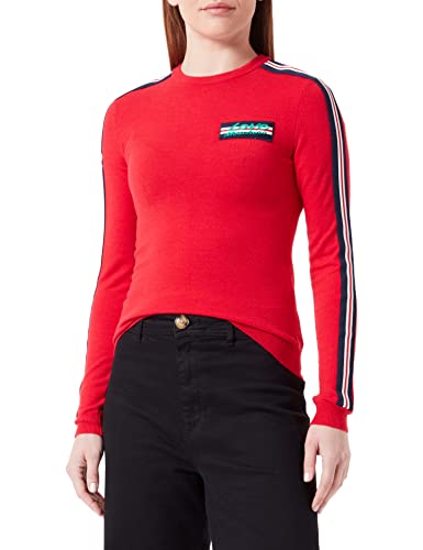 Love Moschino Damski sweter slim fit z długim rękawem z okrągłym dekoltem z paskami i naszywkami, czerwony, 42