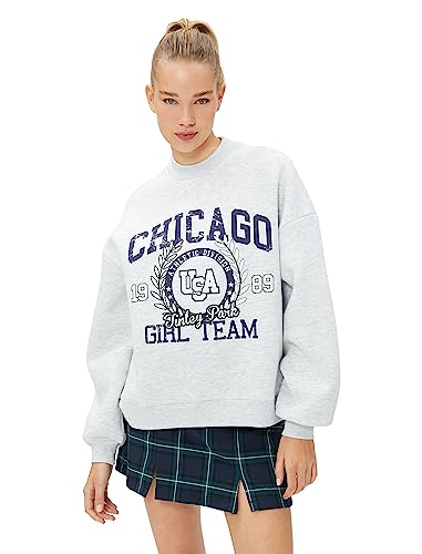 Koton Damska bluza z długim rękawem z nadrukiem Crew Neck Varsity, Jasnoszary (krm), S