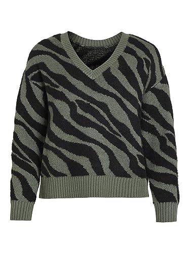 Vila Women's VIRIL FEAMI Mix sweter z dekoltem w serek L/S Knit TOP-NOOS, Laurel Wreath/Pattern: z czarnym, M, Laurel Wreath/wzór: z czarnym, M