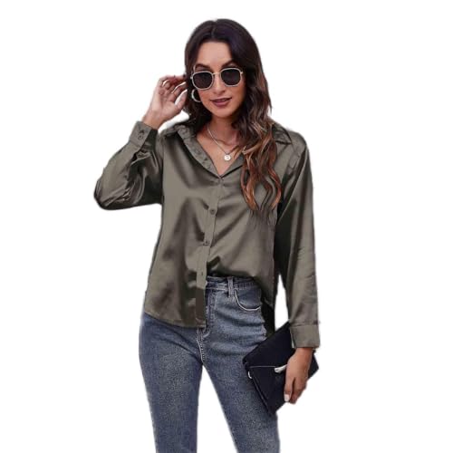 Clotth Damska koszula z długim rękawem z satynowego jedwabiu Button Down Shirt, Dark Grey-XXL, XXL