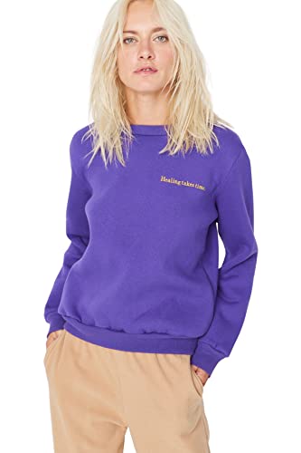 TRENDYOL Damska bluza Crew Neck with Slogan Regular, liliowy, S