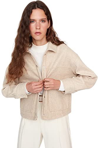 Trendyol Damska koszula z kołnierzykiem, jednokolorowa, oversize, kurtka zimowa, beżowy, M, BEŻOWY