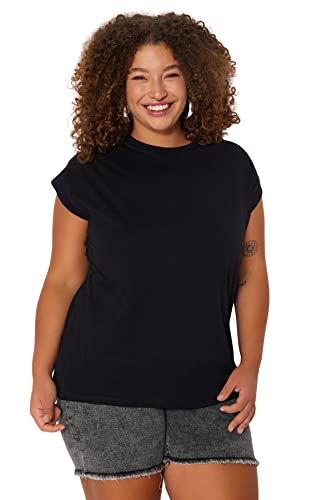 Trendyol Damska koszulka z dzianiny o luźnym kroju z okrągłym dekoltem w rozmiarze plus size, Czarny, 3XL