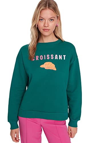 Trendyol Damska bluza z okrągłym dekoltem z hasłem, zielona, XS, ZIELONY