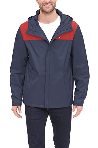 Tommy Hilfiger Męska wodoodporna oddychająca kurtka z kapturem płaszcz przeciwdeszczowy, Granatowy (Navy)/czerwony, L