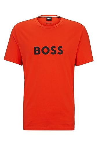 BOSS Męski T-shirt RN z bawełny ekologicznej z dużym logo, pomarańczowy, S