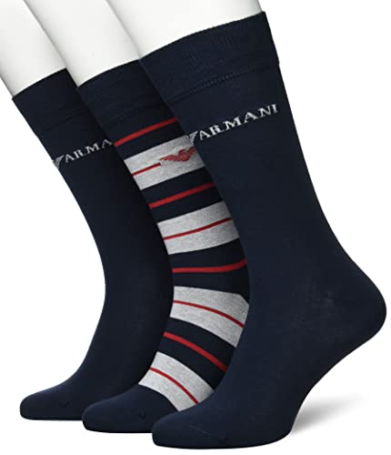 Emporio Armani Męskie krótkie skarpety prezentowe, 3-pak, Marine/paski białe/morskie, rozmiar uniwersalny