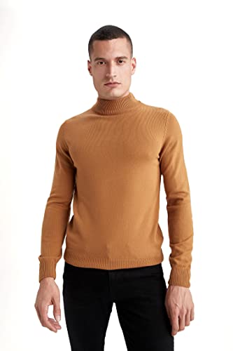 DeFacto Męski sweter z dzianiny z długim rękawem okrągły dekolt - slim fit sweter dla mężczyzn topy (cynnamon, M), Cynamon, M