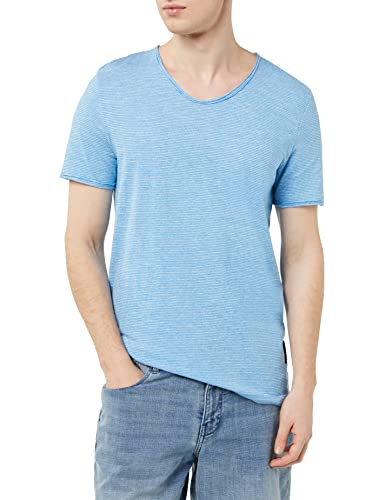 TOM TAILOR Denim Męski T-shirt z dekoltem w serek, 31599 - Rainy Sky Blue Mini Stripe, XL