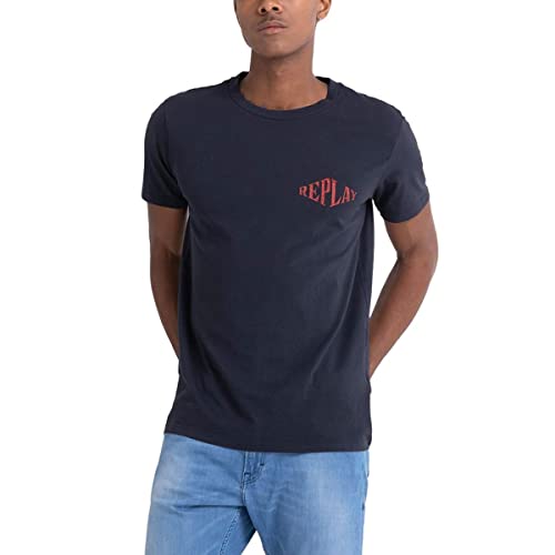 Replay T-shirt męski z krótkim rękawem z nadrukiem, 085 niebieski, XL
