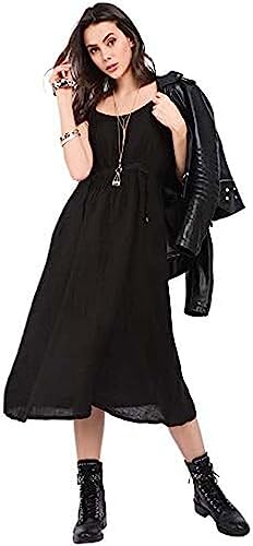 Bonateks, Długa, zapinana na stałe sukienka ze sznurowaniem z przodu i kieszeniami, 100% len, rozmiar DE: 42 rozmiar US: XL, czarna - wyprodukowano we Włoszech, czarny, 42