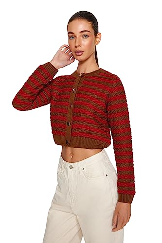 Trendyol FeMan Regular Fit Basic Crew Neck Dzianina kardigan, brązowy, S, Brązowy, S