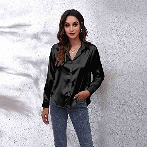 Clotth Damska koszula z długim rękawem z satynowego jedwabiu Button Down Shirt, Black-m, M