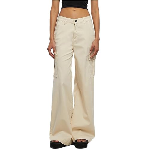 Urban Classics Damskie spodnie z wysokim stanem, szerokie nogawki, twill cargo Pants whitesand 30, Whitesand, 30