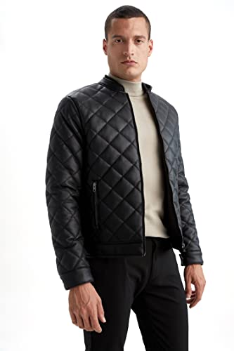 DeFacto Skórzana kurtka do odzieży rekreacyjnej – DeFacto skórzany płaszcz dla mężczyzn do odzieży wierzchniej (czarna, L), czarny