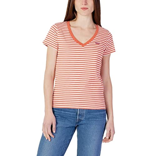 Levi's Perfect Vneck White + Koszulka damska, Plain Jane Stripe Burnt Sienna, S -