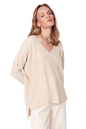 Trendyol Damska bluza oversize basic z dekoltem w serek, BEŻOWY, M