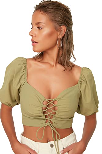 Trendyol Women's Grüne Bindung szczegółowa bluzka balonowa Blouse, zielona, 40