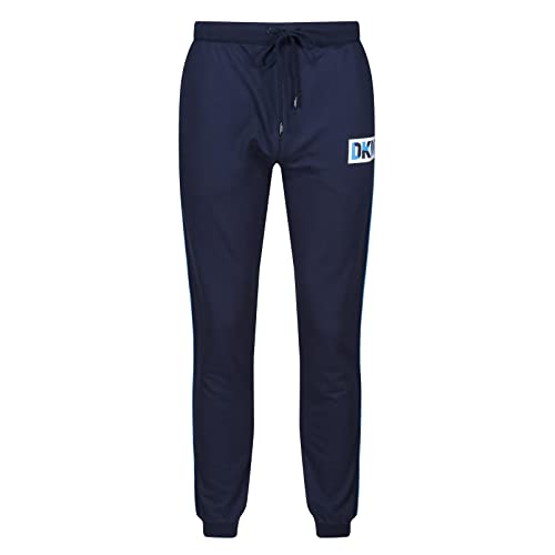 DKNY Męskie Jersey Cuffed Lounge spodnie w kolorze niebieskim z marką Hip Print, Contrasting Nogi Rurociągi & Branded Draw Cord Ends Spodnie Męskie, Navy, XL