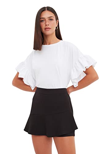 Trendyol Damska koszulka z dzianiny z okrągłym dekoltem, biały, XS