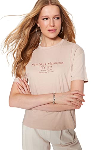 Trendyol Damska koszulka z dzianiny o luźnym kroju z okrągłym dekoltem, BEŻOWY, S