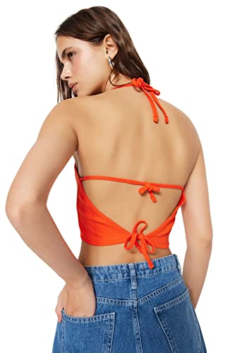 Trendyol Damska bluzka z dzianiny slim fit basic wiązana na szyi, pomarańczowa, M, pomarańczowy, M