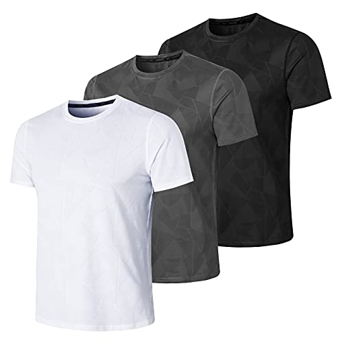 MEETWEE Męska koszulka sportowa, krótki rękaw, top do biegania oddychająca koszulka na siłownię do treningu fitness joggingu, Czarny + biały + szary, S
