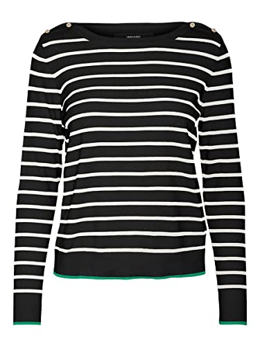 Vero Moda Damska bluza Vmalma Ls Boatneck Guzik Ga Boo L/S dzianina, Czarne/paski: Królewna Śnieżka + Jasnozielona Kontrastowa Krawędź, M