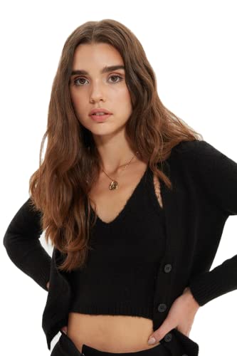 Trendyol Damski standardowy standardowy kardigan z dzianiny z dekoltem w serek, Czarny, M