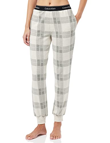 Calvin Klein Damskie spodnie do joggingu, dzianinowe spodnie, teksturowane pled, płatki owsiane, L, Teksturowane płatki owsiane w kratę, L