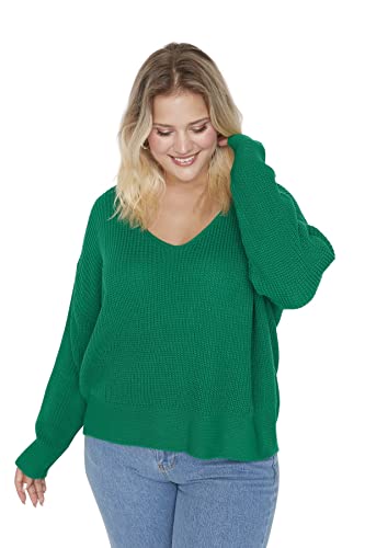 Trendyol Damska bluza z dekoltem w serek zwykły zwykły sweter plus size, ZIELONY, 5XL