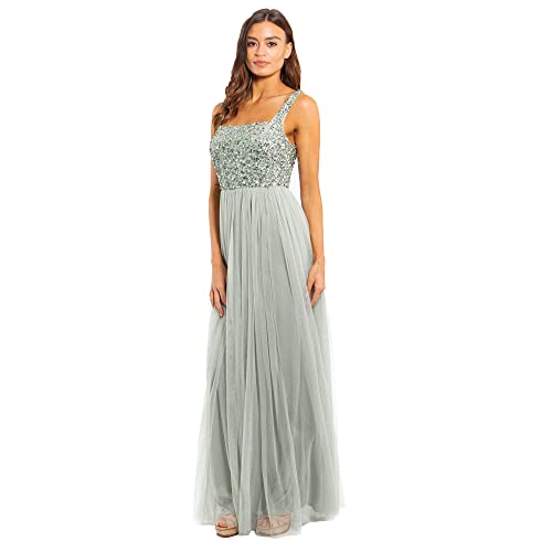 Maya Deluxe Sukienka damska z paskiem, z cekinami, maxi, dla druhny, Green Lily, 56