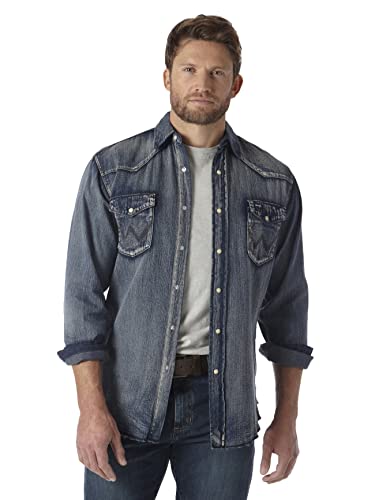 Wrangler Męska koszula robocza z długim rękawem w stylu kowbojskim, sprane wykończenie, guziki, nieprzejrzysta, Antyczny niebieski, XL