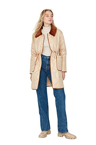 Trendyol Damska kurtka zimowa z klapą, jednokolorowa, oversize, beżowa, XS, BEŻOWY