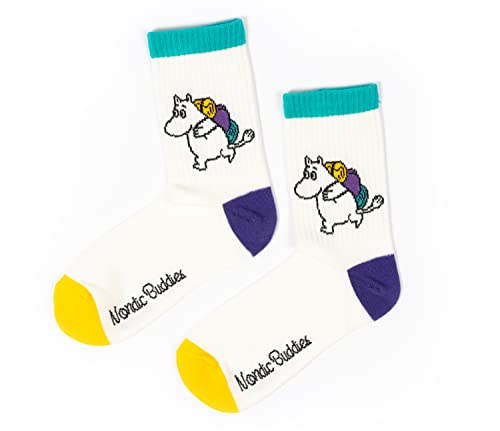 Moomintroll Camping Retro Damskie skarpety Muminki, białe, EU 36-42, Biały, fioletowy, żółty, turkusowy
