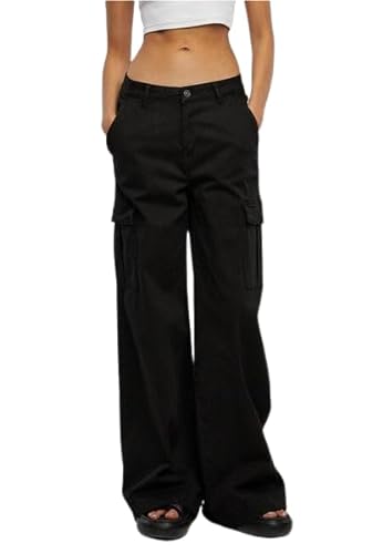 Urban Classics Damskie spodnie z wysokim stanem, szerokie nogawki, Twill Cargo, czarne, rozmiar 32, czarny, 32