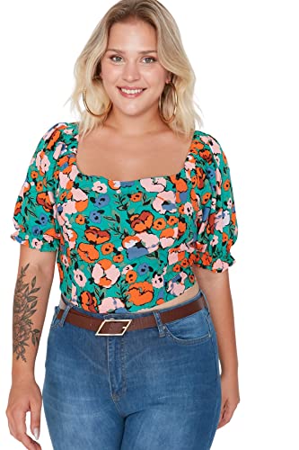 Trendyol Damska kobieta regularny standardowy kwadratowy kołnierz tkana bluzka plus size, wielokolorowa, 44, wielobarwny, 70