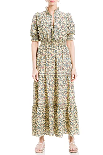 Max Studio Damska sukienka maxi z długimi łokciami, rękawami, nadruk, żółta/różowa, Wild Multi Vine, średnia, Żółty/Blush Wild Multi Vine, M