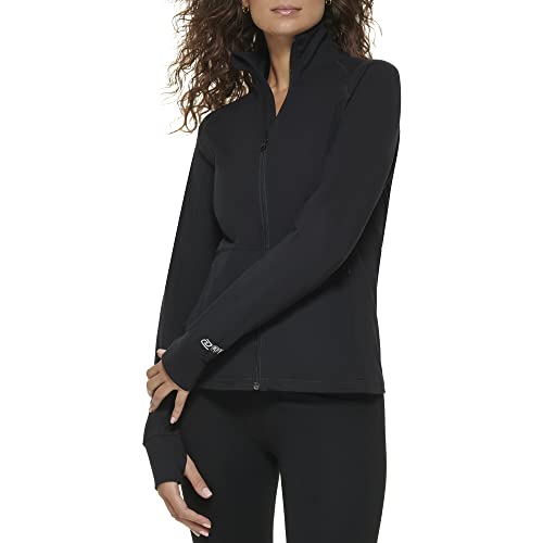DKNY Damska sportowa kurtka z zamkiem błyskawicznym z otworami na kciuk, kardigan, czarny, XL